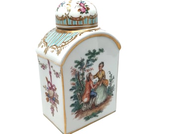 Dresden Jar, Saxon Porcelain Mfg., Courting Couples, Dresser Jar with Lid, Perfume Jar, Vanity Jar, Exquisitely Hand Painted, 1900