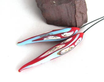 Tapered Softly Etched Red & Pastel Blue Stretched Birch Spotted Lampwork Long Drippy Pod Oobers Pointed Headpins - set of 2
