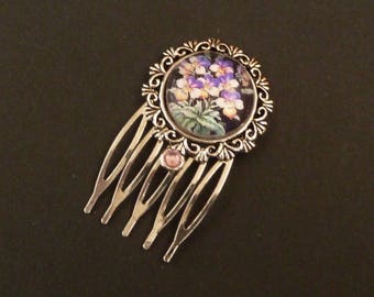 Little hair comb with pansy motif flowers hair accessories gift woman