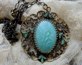 Turquoise Guilloche Enamel Pendant Necklace