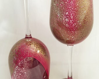 Hand Painted Water Speckled Pink and Gold Tall Stemmed Wine Glass - Bombshell