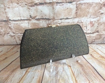 Vintage Clutch Bag Evening Purse Small Black / Gold Sparkle Vinyl Prom Ball Party Mad Men Vegan c 1950-60s