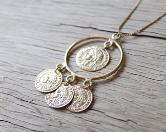 Vintage Necklace, Vintage Gold Coin Necklace, Gold Chain, Republique Francaise, Costume Jewelry