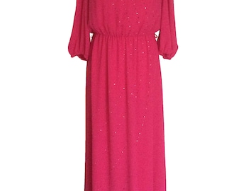 70s Fire Fuscia Rhinestone Shower Evening Party Prom Maxi Dress Vintage