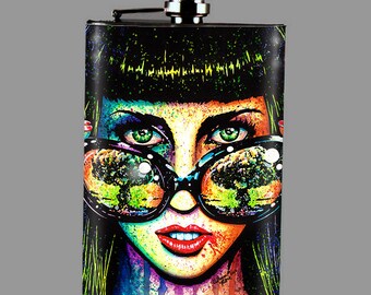Stainless Steel 8 oz. Hip Flask - Pop Art Horror Splatter Portrait - Color Bomb - Edgy Punk Rock Girl With Atomic Bomb