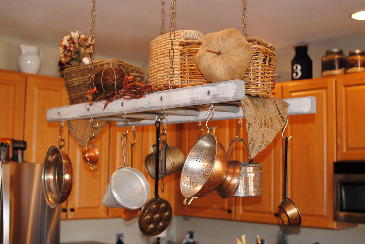 White with Gray Distressing Rustic Ladder Pot Rack Farmhouse