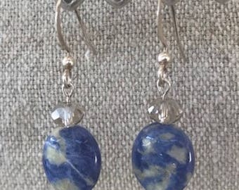 Sodalite, swarovski and sterling earwires Blue crystal accents oval dangle