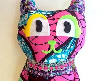 African Print Stuffed Animal Cat with Sequin