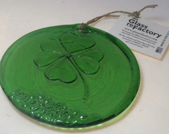 Recycled glass Four Leaf Clover suncatcher, green four leaf clover ornament, window art