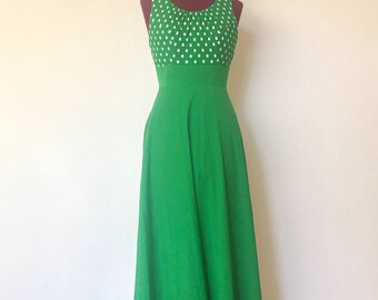 60s Maxi Dress Green Polkadots Halter Dress Size S M by LiLi