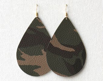 Camo Leather Drop Earrings, camo earrings, camo jewlery, the leather drop, leather drop earrings
