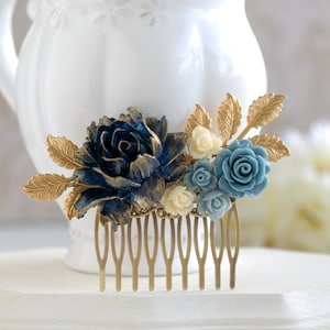 Navy Blue Bridal Hair Comb, Gold Navy Blue Wedding, Something Blue Wedding, Flower Hair Comb, Gold Dusky Blue Ivory Rose Gold Leaf Hair Comb