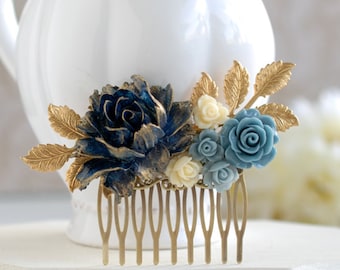 Navy Blue Bridal Hair Comb, Gold Navy Blue Wedding, Something Blue Wedding, Flower Hair Comb, Gold Dusky Blue Ivory Rose Gold Leaf Hair Comb