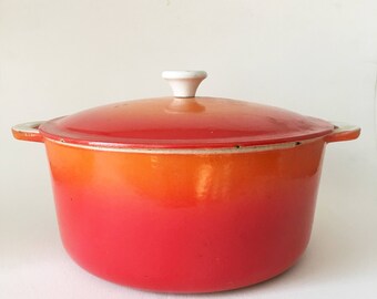 Vintage 1960's Descoware Belgium Flame Red Orange Cast Iron Large Dutch Oven. Made in Belgium.