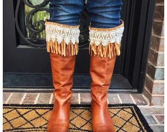 Fringe Lace and Pearl Boot Toppers / Boot Cuffs / Leg Warmers / Accessories / Gift / Free Shipping