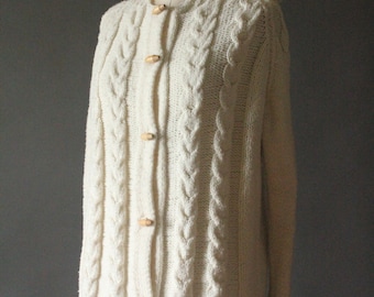 Vintage 70's Handmade Light Creme Cable Knit Button Up Hooded Cardigan Fishermans Sweater