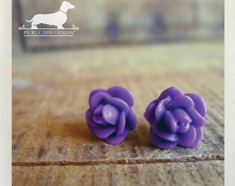 DOLLAR DEAL! Purple Passion. Rosebud Post Earrings -- (Vintage-Style, Ultra Violet, Flower Stud, Roses, Romantic, Feminine, Bridesmaid Gift)