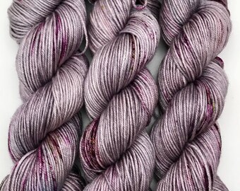 Hand Dyed Yarn "Dark Side of the Bloom" Grey Purple Brown Green Yellow Speckled Merino Silk DK Weight Superwash 231yds 100g