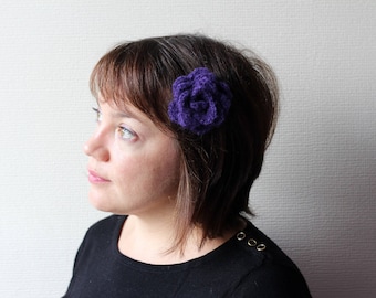 Flower hair clip purple angora wool