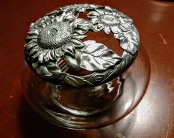Pewter and Glass Potpourri or Candy, Trinket Dish LARGE by Seagull VINTAGE 1994 Signed by Etain Zinn Artist-Comes with Homemade Potpourri