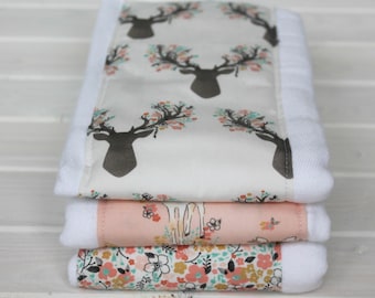 Burp clothes - 3 pk burp cloth - baby girls burp cloth - infant baby gift - Burpies - Shower gift - Deer and Antlers - Floral