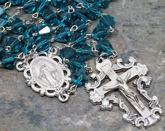 Czech Crystal Rosary in Blue Zircon, 5 Decade Rosary, Catholic Rosary, December Rosary, Birthstone Rosary, Miraculous Medal, Large Size