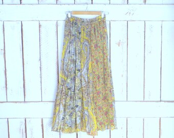 Vintage yellow floral paisley Indian print boho maxi skirt/long gauzy cotton gypsy festival skirt/stretch waist skirt