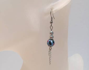 Silver chain blue bead earrings
