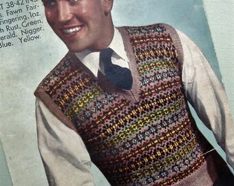 Vintage 1940s Knitting Pattern Mens Pullover Slipover Vest - 40s Fair Isle pattern original colour pattern traditional knitting - Bestway UK