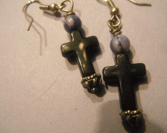 Black Cross Earrings with Natural Ametheist Stone