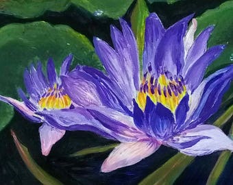 Blue nymphaea 18x24 cm Small original acrylic painting Lilac Water Lily Blossom Flowers Dressing Table Decor Wall Art Unique Perfect Gift