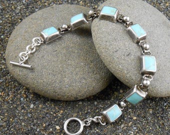 Link Bracelet, Turquoise Blue, Mexico Vintage, Sterling 925, Toggle Clasp, Link Bracelet, Pale Blue Block Turquoise, 8 inch Bracelet