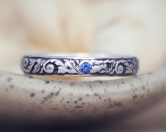 Vine Commitment Ring - Sterling Silver Blue Sapphire Wedding Ring - Narrow Band Ring - Nature-Inspired Wedding Band - Mens Engagement Ring