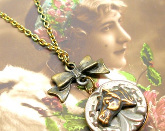 Lucky, Antique BUTTON necklace, Victorian horse on brass chain. Antique button jewellery.