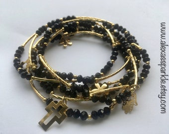 Crystal Black Beaded Charm Bracelet set (7) with Gold Plated Charms - Semanario pulseras cristal Negras con dijes Chapa de Oro