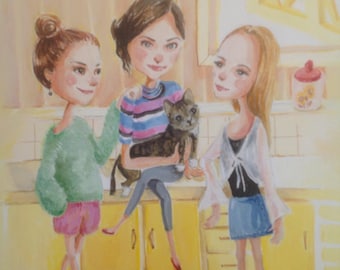 Custom Portrait illustration for 3 people + pet with detailed back ground by EkakiElly