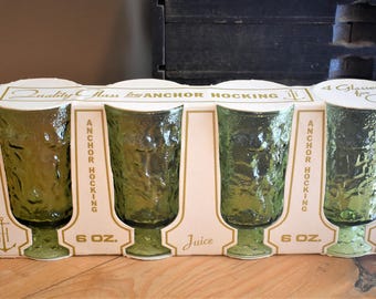 Vintage Anchor Hocking Avocado Green Lido Footed Juice Glasses