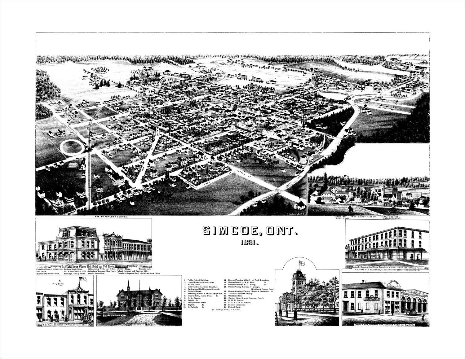 Simcoe Ontario in 1881 Panoramic Bird's Eye View Map by T.