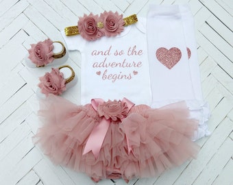 Baby Girl Coming Home Outfit, Take Home Outfit, Baby Shower Gift, Newborn Photo Outfit, Dusty Rose Outfit, And So The Adventure Begins