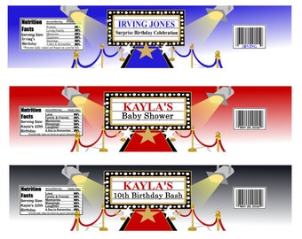 Hollywood Water Bottle Label, Red Carpet, Movie Night Party Favors-Digital File