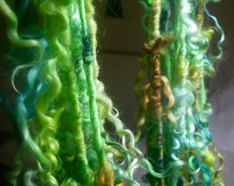 Handspun Hand Dyed Tailspun Teeswater Wool Locks in Green Blue Gold Art Yarn by KnoxFarmFiber for Weaving Knitting Crochet