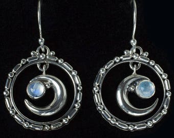 Rainbow Moonstone Moon Earrings, Sterling Silver Crescent Moon Earrings, Moonstone Crescent Moon Earrings, Silver Moonstone Earrings: SELENE