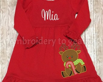 Personalized Girl's Christmas Reindeer Ruffle Dress, Girls Christmas Dress, Girls Holiday Dress, Toddler Girls Holiday Dress