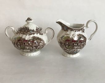 JOHNSON Brothers, Heritage Hall, Creamer and Sugar, English IRONSTONE, Hacienda, 4411, Staffodshire, England, Brown and White, Transferware
