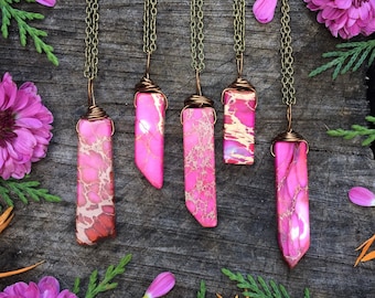 Imperial Jasper necklace, imperial jasper bar necklace, gemstone necklace, pink jasper