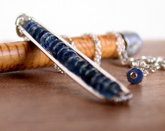 Blue Sapphire Pod Necklace. Gemstone Bar Necklace. Sapphire Necklace. Sapphire Pendant Necklace.