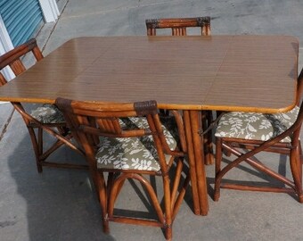 Mid Century 50s Heywood Wakefield Style Tiki Bamboo Drop Leaf Dining Table & Chairs / 50s Tiki / 50s Dining Set / Mid Century Tiki Furni