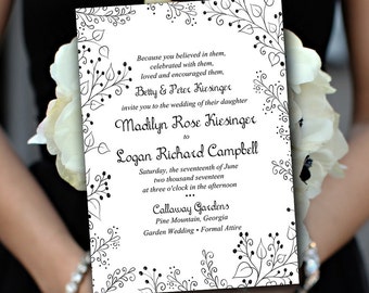 Printable Wedding Invitation Template - Garden Wedding Invitation - DIY Wedding Template "Whimsy" - Black Wedding Invitation Download