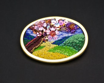 Brooch landscape silk sequins embroidery