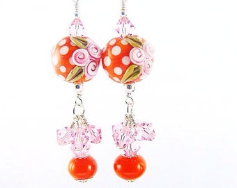 Flower Lampwork Earrings, Orange Polka Dot Statement Earrings, Pink Dangle Earrings, Glass Bead Earrings, Beadwork Earring, Lampwork Jewelry